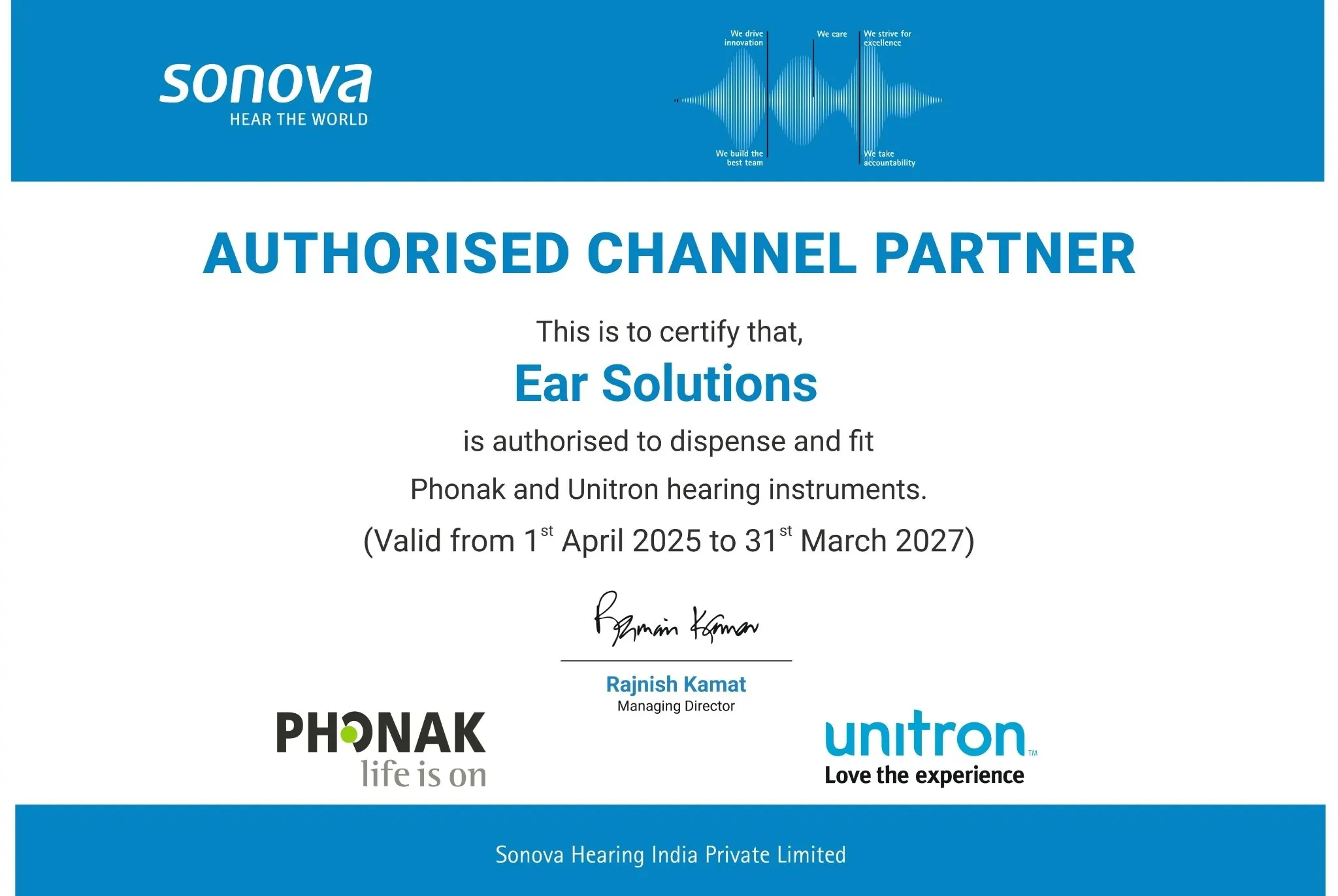 Sonova authorised channel partner certificate